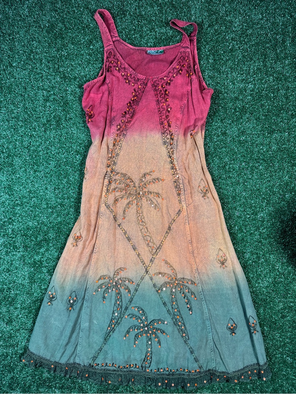 Sleeveless Ombre Palm-Print Maxi Dress in Pink to Blue